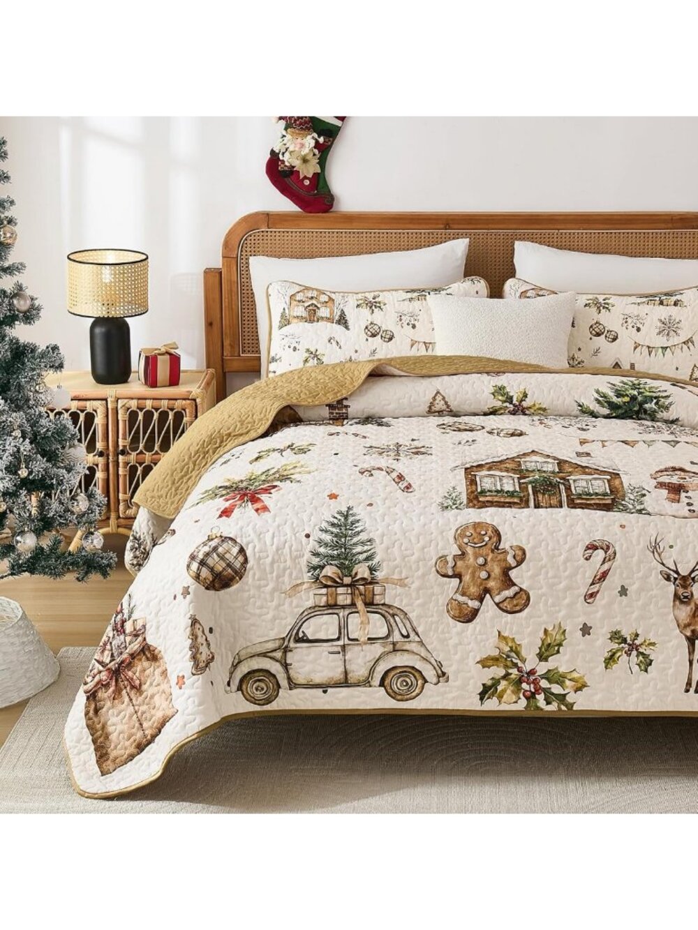 Christmas Quilt Set King Size, Reversible Holiday Bedspread